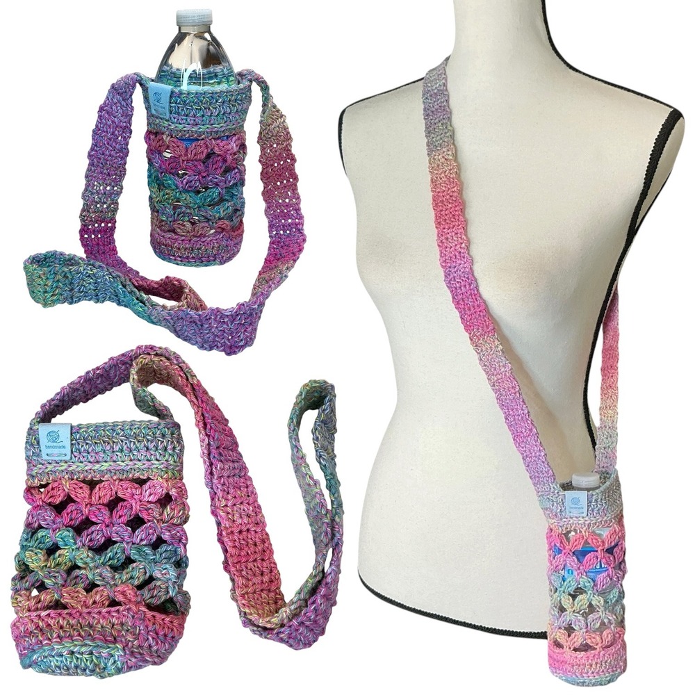 Handmade‎ Crochet Water Bottle Holder Crossbody Bag Multi Color Pink Purple Blue
